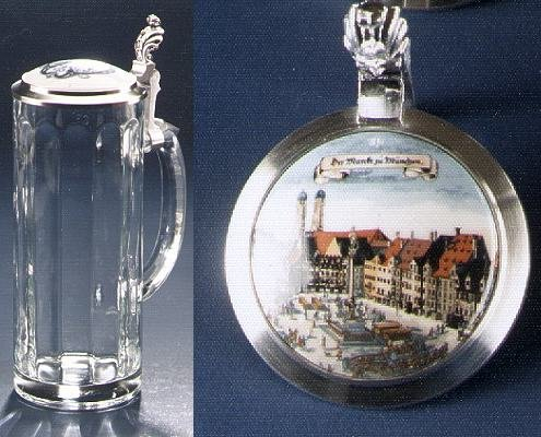 Zimmermann Bierseidel Bier-Krug München bunt Herrenseidel mit Porzellaneinlage-Zinndeckel 0,5l