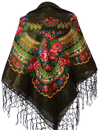 Scarf Wrap Traditional Ukrainian Polish Russian Fringed Floral Neck Head Shawl, Black, 59”x59”