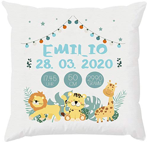 EZYshirt® Personalisiertes Kissen zur Geburt | mit niedlichen Safari Tieren | Kindern Kissen | Babygeschenk für Jungen und Mädchen