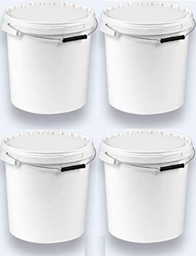 4 x 20 Liter Eimer mit Deckel, Weiß, stapelbar, lebensmittelecht, 4 Stück | Kunststoffeimer, Milch-/Vorratseimer, Honigeimer, Lebensmittelbehälter, Leereimer für Mehl, Wassereimer, Lebensmittelfreigabe