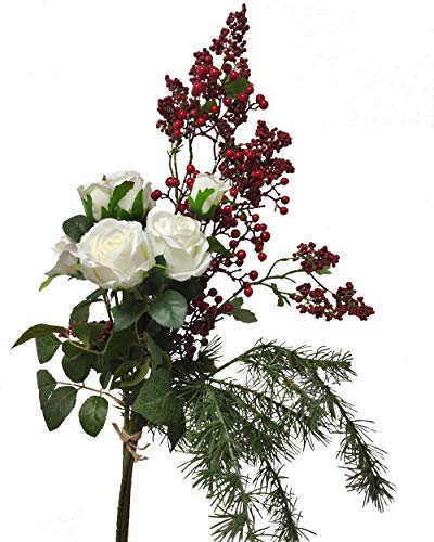 2474U Blumen Bouquet Festive Winter naturgetreue Blüten Strauß 65cm Künstliche Blumen Seidenblumen Rosenstrauch weiß und Beerenstrauch rot Weihnachtsdeko,