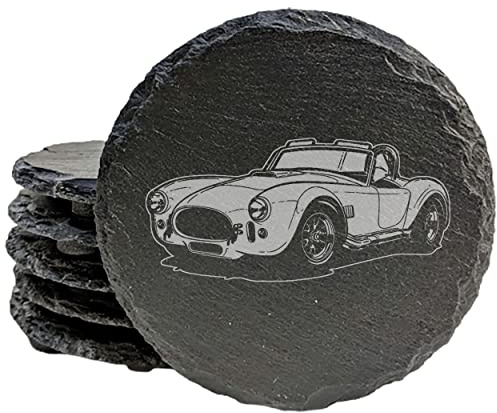 Rev Up Your Tabletop: Laser-Etched Slate Coasters Set Featuring Shelby Cobra Design - Stylish Protection for Your Surfaces! - Round Slate - Set of 4