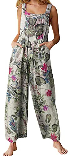 Acrawnni Women's Dungarees Vintage Floral Printed Loose Casual Baggy Sleeveless Overall Long Jumpsuit Playsuit Trousers Pants Romper