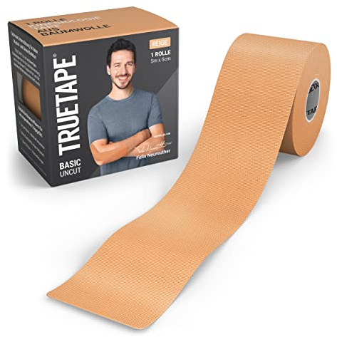 TRUETAPE® Kinesiotape – BASIC Uncut – 1x Rolle (5 m x 5 cm) ungeschnitten – Wasserfestes & Elastisches Kinesiologie Tape – Physiotape mit starker Klebekraft für Alltag & Sport – Beige
