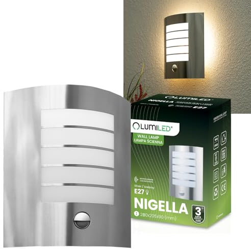Lumiled Außenwandleuchte Wandlampe Außenleuchte Wandleuchter Gartenleuchte aussen Terrasse Fassade IP44 Silber spritzwasserdicht Aluminium 230V E27 Fassung mit Bewegungsmelder Dämmerungssensor