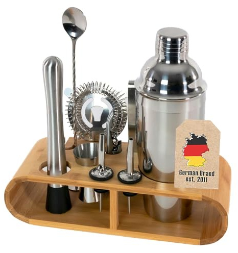 Intirilife 12-teiliges Edelstahl Cocktail-Shaker Set mit Bambus-Ständer - 27.5 x 10.5 x 25.5 cm - Barkeeper Set Cocktail Mixer Bar Zubehör Geschenk