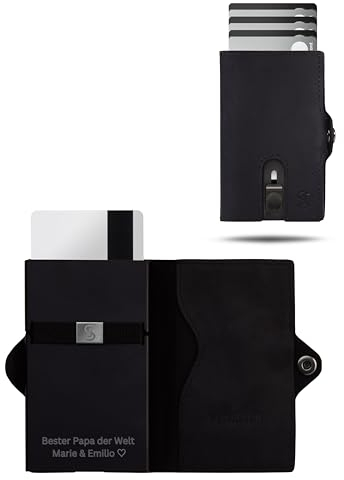 SLIMJACK Smart Wallet mit Gravur Wunschtext - Kreditkartenetui mit RFID-Schutz - Geldbeutel für Herren - Slim Wallet mit Münzfach - Smart Wallet für Karten & Münzen - Schwarz