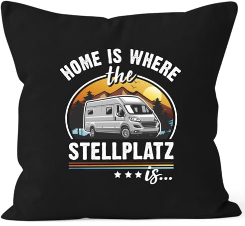 MoonWorks® Kissen-Bezug Camping Home is Where the Stellplatz is Geschenke für Camper Wohnmobil Spruch lustig Schwarz Standard