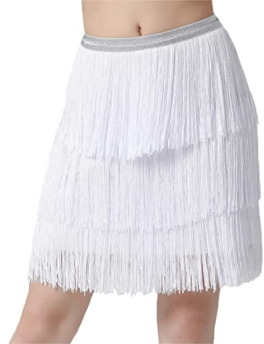 White Fringe Skirt for Latin Dance, Salsa, Tango & Ballroom - Women's Halloween Cowgirl Costume & Rave Skirt