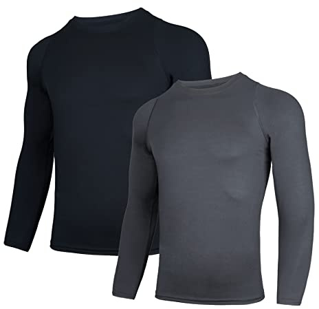 AMZSPORT 2-pack kompressionstoppar för män, långärmade baslager, snabbtorkande träningströjor för löpning, fitness, cykling, träning, Svartgrå, M