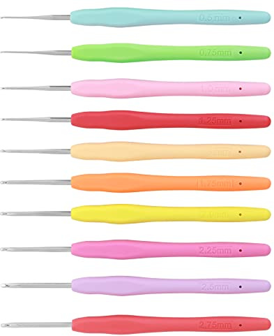 10 Pcs Set de Crochet Color Agujas Crochet Extra Largo Ergonómico Mango de Goma de Silicona Suave Ganchillo para Principiantes y Amantes del Ganchillo (0.5mm-2.75mm)