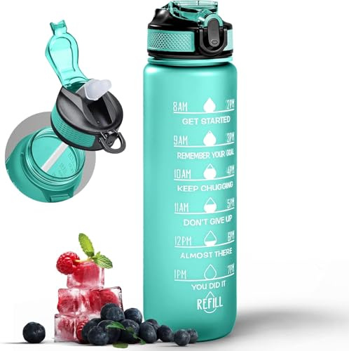 Active 100 Water Bottle 1000ml Sports Water Bottle with Motivational Time Marker & Straw, Dishwasher Safe Leak-proof Drink Bottle BPA Free Non-Toxic Tritan Material 1 Click Open for Running Gym