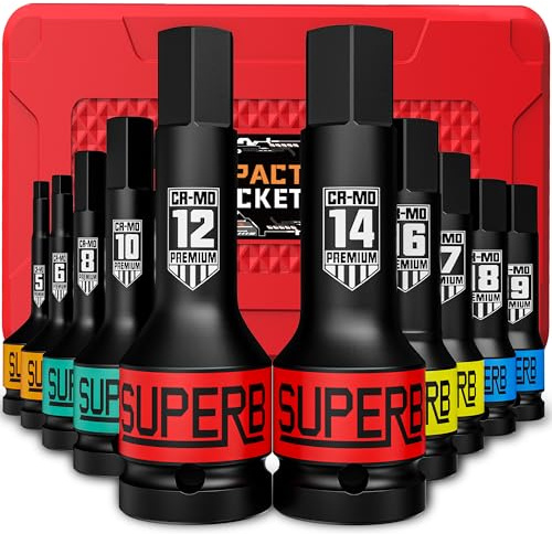 KIRXST 1/2 Inch Impact Hex Bit Socket Set，5-19 mm Allen Bit Socket Set 10 Piece for Mechanical Repair