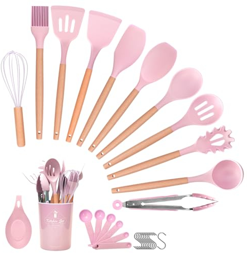 Helterfolg Küchenhelfer Set, 29-Stück Silikon küchenutensilien Set mit Utensilienhalter, Antihaft Hitzebeständiger Holzgriff Kochbesteck, Löffel, Spachtel Pfannenwender-Set(Rosa)