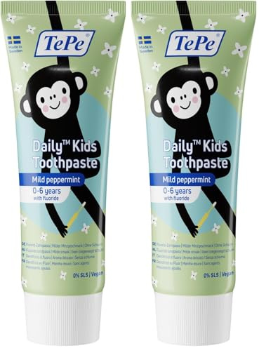TePe Daily Kids Toothpaste, mild Peppermint, 3-6 Years, Everyday Fluoride Toothpaste for Kids to Prevent Cavities, Age-Appropriate Fluoride Level (Pack of 2)