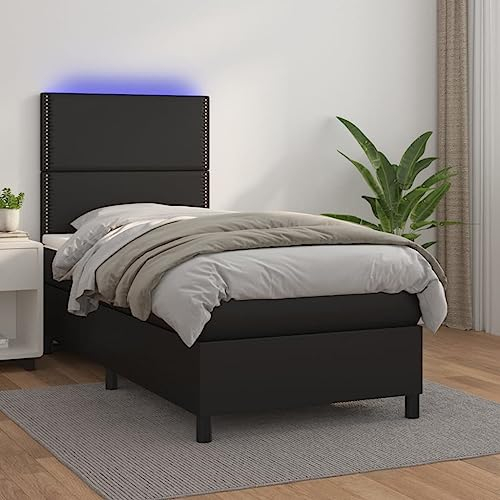 Tidyard Boxspringbett mit Matratze & LED Bettgestell Jugendbett Doppelbett/Einzelbett Polsterbett Gästebett Schlafzimmerbett Balkenbett Bettrahmen mit Lattenrost Holzbett Bett Schwarz 90x190 cm