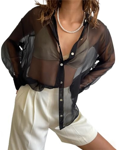 ORANDESIGNE Maglietta Donna Trasparente Camicia Mesh Tops Button-Down Camicette Manica Lunga Maglie in Rete Tunica Bluse Casual Shirts Sexy Clubwear Casual A Nero XS