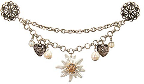 Pin Charivari Strass Edelweiss - Couleur : blanc/doré - Collier traditionnel avec cœur traditionnel et edelweiss en strass - Collier Dirndl pour fête de la bière - Bijoux Dirndl pour chemisier
