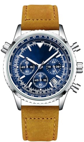 rorios Multifunktional Herrenuhren Luftfahrt Flug Chronograph Armbanduhren Einfach Quarz Uhren Freizeit Edelstahl Uhr für Männer Herren mit Leder Armband Blau