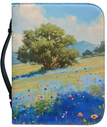 Kuiaobaty Landschaftliche Blumen Bäume Bibelhülle mit Lesezeichen Malerei Wildblumen Buchhülle Schutzhülle für Frauen Kunstleder groß