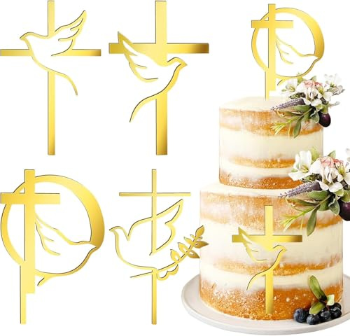 4 pcs Baptism Cake Toppers Acrylic Gold Dove Cross Cupcake Toppers | Baptism First Communion Cake Decorations Supplies, Baby Shower Birthday Wedding Party, Christian