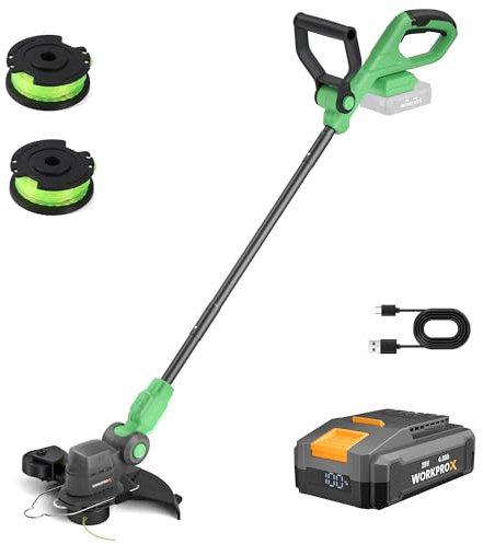 WORKPROX Tagliabordi a batteria 20V con batteria 4,0Ah e cavo di ricarica Type-C, 2 in 1 Decespugliatore senza fili, diametro di taglio 30 cm, testa inclinabile, con 2 x 5m di filo in nylon