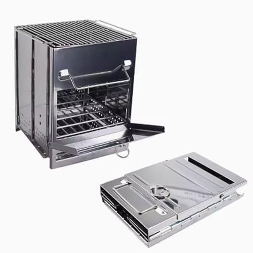 Zelt Herd Holzofen, Kleiner Holzofen, tragbarer Mini-Holzofen mit Grill, Zeltofen aus Edelstahl, Aufbewahrungstasche, Tragegriff, Campingkocher(20 * 20.5 * 35CM)