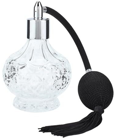 Jadeshay Botella de perfume de cristal, atomizador con patrón tallado único, estilo vintage, reutilizable, vacío con borla larga transparente (80 ml)