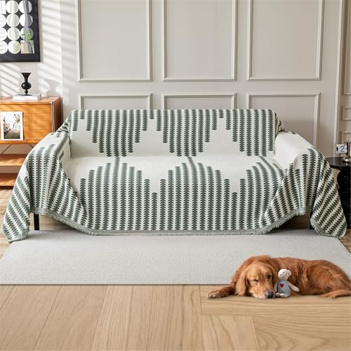 GEBIN Plaid de Canapé en Chenille Doux à Franges, Grande Taille, Protection Anti-Poils d’Animaux, Jeté de Canapé 3/4 Places,Lignes Vertes,180x340cm