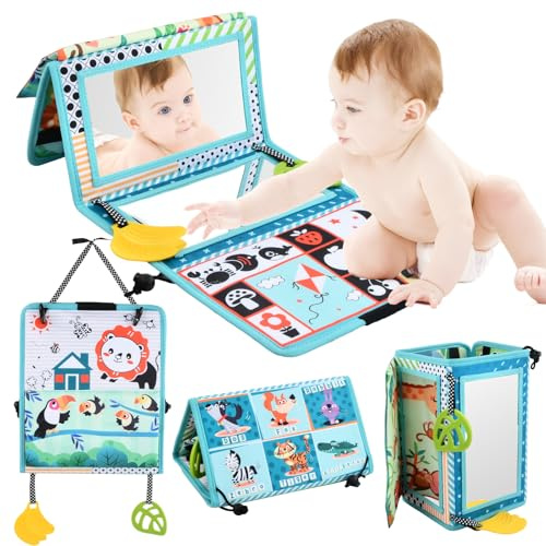 Focenat Baby Spiegel,Baby Spiegel Spielzeug,Bauchlage Spielzeug Baby,Knisterbuch Baby,Baby Spiegel Spielzeug mit Knisterbuch,Baby Lernspielzeug mit Stoffbuch,Ideal als Fühlbuch für Neugeborene