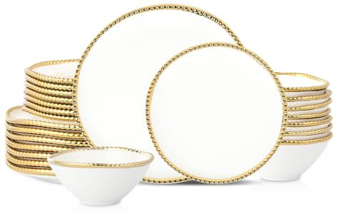Christian Siriano Akoya Porcelain Dinnerware Set, 24-Piece - Dish Set for 8, Plates and Bowls Set, White and Gold