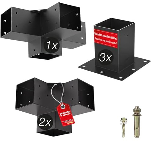 SOTECH-fäste SET 6-delat (2x hörnkopplingar + 1x mittkopplingar + 3x jordhylsor) fyrkantig 90 x 90 mm stålgalvaniserat och svart pulverlackerat för maximalt korrosionsskydd
