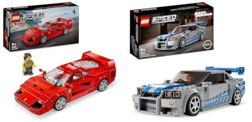 LEGO Speed Champions Ferrari F40 + 2 Fast 2 Furious Nissan Skyline GT-R (R34) Giocattolo Modello da Costruzione di Auto da Corsa 76934 + 76917
