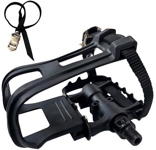 YBEKI Professional Bike Pedals with Adjustable Toe Clips & Straps | Dual Sealed Bearings for 360° Smooth Ride | Lightweight Alloy-Composite Pedals for Spin, Peloton, Schwinn, Road & Mountain Bikes