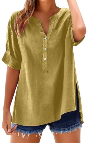 2025 Ladies Tops Women's Cotton Linen Short Sleeve T-Shirt Button V Neck Tunic Tops Summer Oversized Tshirt Fashion Baggy Solid Plain Casual Shirts Loose Fit Trendy Blouse