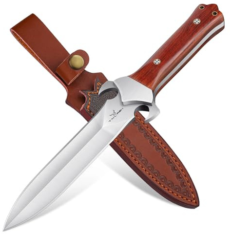 TAN REN Fixed Blade Knife with Wooden Handle, Full Tang Survival Knife with Leather Sheath, D2 Steel Outdoor Hunting Knives for Camping, Bushcraft, Gift for Men