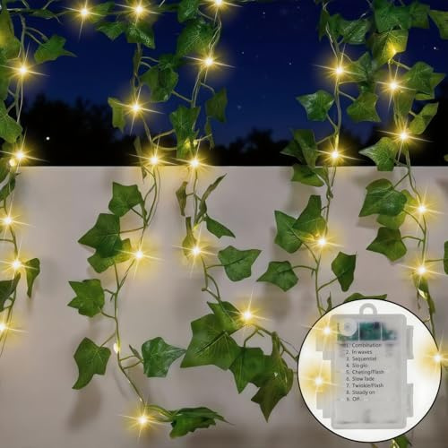 Qoosea Guirnalda Luces de Hiedra Artificial, 5m 50 LED Luces de Hadas con Hojas a Batería, 8 Modos Cadena de Luce Interior Impermeables Decoración para Jardín, Terraza, Hogar