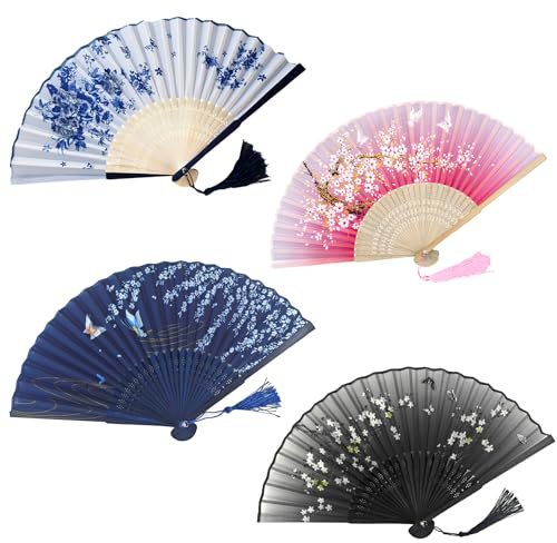 4 Stück Handfächer Fächer, Handfächers Damen, Orientalischer Faltfächer | Chinesischer Blumen Stoff Fächer,Handfächer,Hochzeit,für Tanzparty, Hochzeitsgeschenke,DIY Deko,Haus Dekorationen