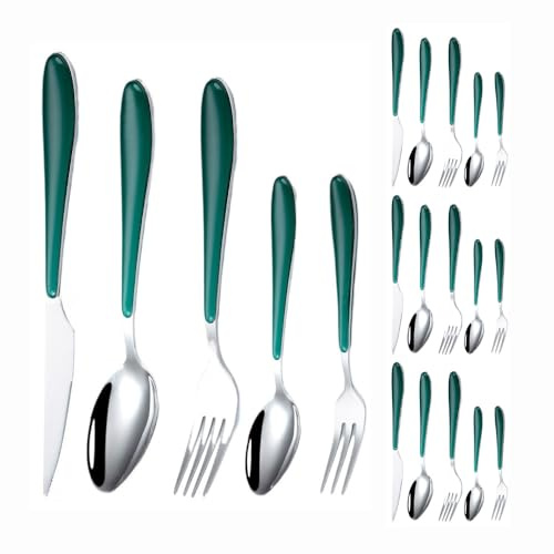 Ensemble de Couverts en Plastique, Couteaux et fourchettes en Acier Inoxydable, idéal pour la Maison, Les fêtes et Les Restaurants, Poli Miroir (Vert, 20 pièces)