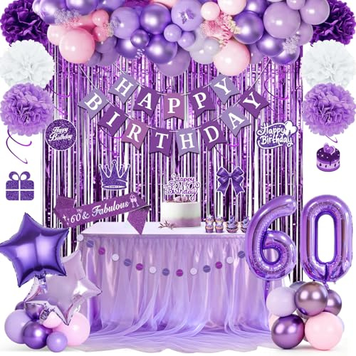 Decoraciones moradas para el 60 cumpleaños de una mujer, pancarta de feliz cumpleaños, globos morados, cortina de oropel morada, banda, pompones, espiral colgante