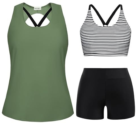 Hanna Nikole Tankini dam sportig stora storlekar tredelad tank urholkning topp med boyshorts push up baddräkt dam baddräkt, Olivgrön + ränder, 50 plus size