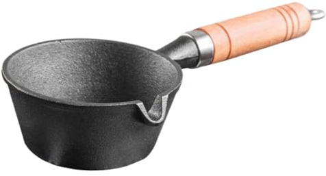 WEKADRIN Pentola Multifunzione in Ghisa 13cm Manico in Legno, Padella Antiaderente per Cottura Alimenti Ragazzo Ragazza, Scalda Burro per Uso Domestico, Adatta Cucina a Induzione