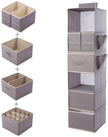 M.J COMFY-LIFE 6-Shelf Hanging Closet Organizer with Drawers and Side Pockets – Fabric Wardrobe Storage for Clothes, Socks, and Accessories (Grey)