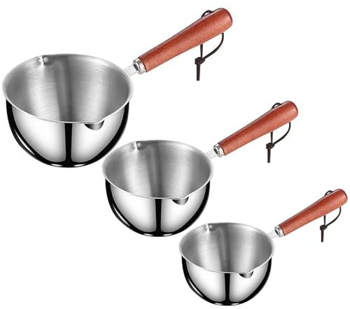 Mini casseruola 180/300/500ml Pentola piccola in acciaio inossidabile con manico in legno Pentola scaldalatte 3 pezzi con beccuccio e corda per appendere per di olio calda, burro, latte.