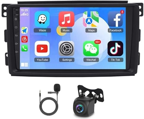 2+64G Radio Android 2 Din para Mercedes Smart Fortwo 453 2005-2010, 9 pulgadas DAB radio de pantalla táctil receptores GPS navegación con inalámbrico Carplay Bluetooth WiFi FM RDS Radio Cámara de
