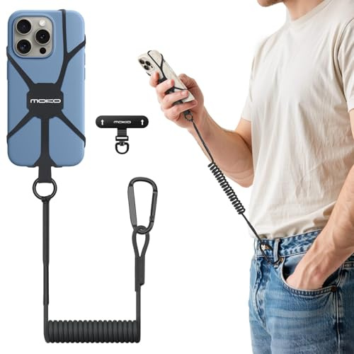 MoKo Anti-stöld mobilband med retur, mobiltelefon säkringsband med karbinhake, 360° metallhållare med silikonfodral, för smartphones upp till 6,8 tum, fiske skidåkning resor, svart