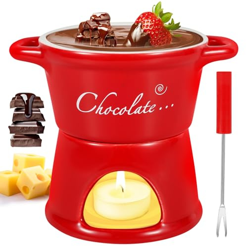 Schokofondue Tasse 300ml Schokoladenfondue Becher mit Edelstahl Gabeln Chocolate Fondue Tasse Teelichthalter Keramik Schoko Fondue Tassen Herausnehmbare Geschenkset zum Schmelzen Schokolade (Rot)