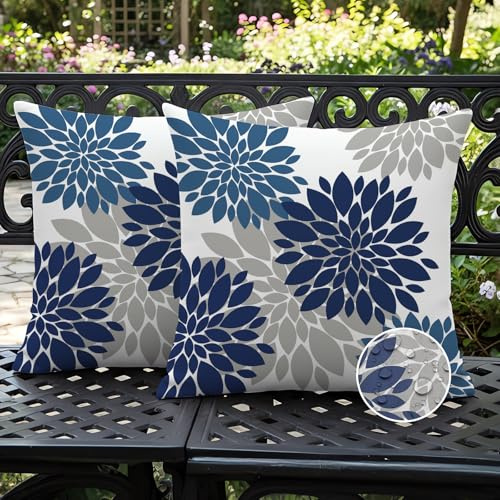 Ardjxue Fundas de Cojines Exterior Jardin 50x50 Impermeable Diseño Gris Dalias Azules Primavera Verano Moderno Juego Decorativo para Patio Balcón Salón Sofá Jardín Decoración del Hogar Juego de 2