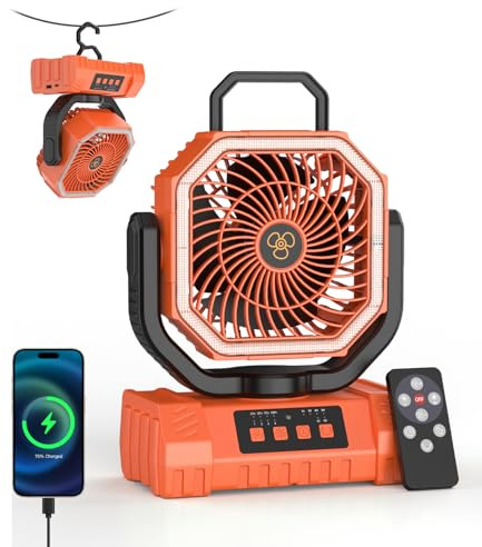 PHEJIE Ventilatore Portatile da Campeggio con Luce LED, 20000mAh Ventilatore Ricaricabile USB – Ventilatore Silenzioso a Batteria con Telecomando, 4 Velocità – per Tenda Auto Ufficio Emergenza