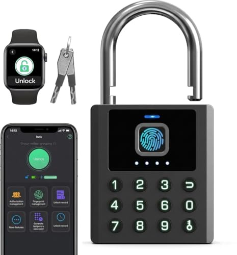 Fingerabdruck Vorhängeschloss Outdoor eLinkSmart Zahlenschloss mit 9-Tasten-Code, Bluetooth App-Steuerung, IP67 Wasserdicht, Schwerlast Bügelschloss mit 2 Schlüsseln für Tor, Gartenhaus, LKW